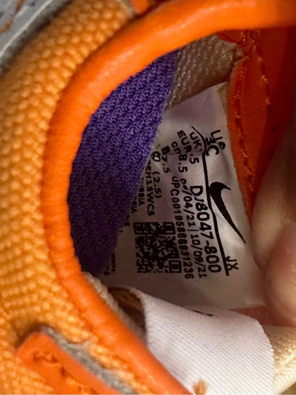 New! Nike Kids Orange & White Sneakers with Purple Accent size 3C